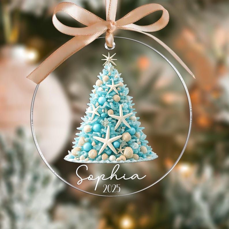 Personalized Coastal Christmas Ornament, Aqua Christmas Gift, Beachy Christmas Ornament, Real Starfish Acrylic Ornament, Gift For Daughter