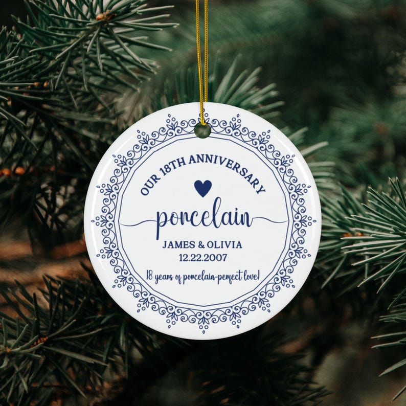 Personalized 18th Anniversary Printed Ceramic Ornament, Custom 18th Anniversary Gift, Porcelain Wedding Anniversary, Gift for Husband Wife