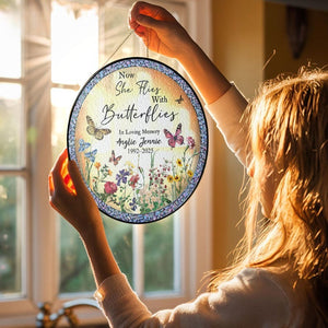 Now She Flies With Butterflies Memorial Stained Glass Suncatcher, Mom Memorial Suncatcher,Loss of Mom Sympathy Gift Loss of a Loved One Gift