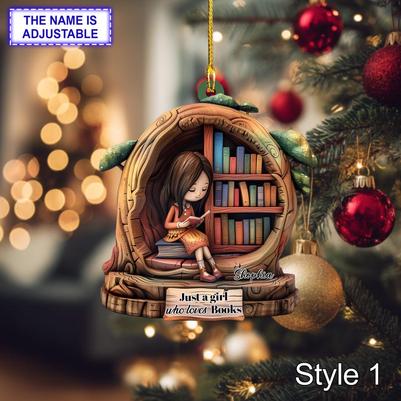 Booklover Acrylic Ornament with Wooden Sign Glossy 2D Acrylic Effect Girl Reading in Tree Hollow, Custom Name Personalized Christmas Gift