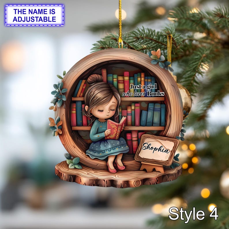 Booklover Acrylic Ornament with Wooden Sign Glossy 2D Acrylic Effect Girl Reading in Tree Hollow, Custom Name Personalized Christmas Gift