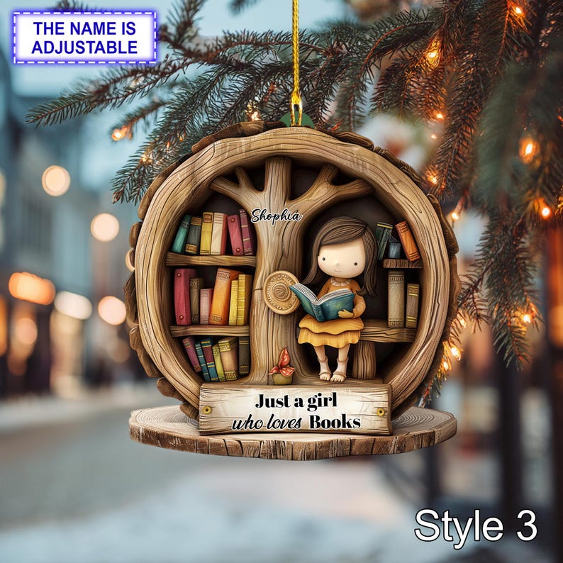 Booklover Acrylic Ornament with Wooden Sign Glossy 2D Acrylic Effect Girl Reading in Tree Hollow, Custom Name Personalized Christmas Gift