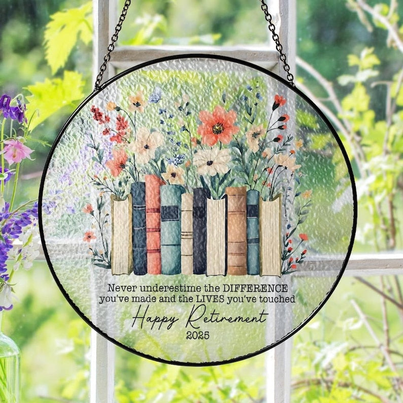 Retirement Book Suncatcher, Floral Book A New Chapter Begins Retired Gift Stained Glass, Teacher Retirement Gifts, End of Year Gift
