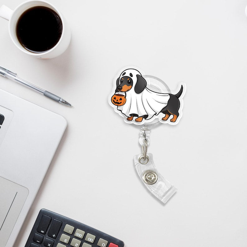 Personalized Halloween Dachshund Ghost Badge Reel: Retractable Acrylic ID Holder