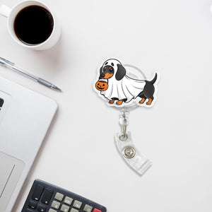 Personalized Halloween Dachshund Ghost Badge Reel: Retractable Acrylic ID Holder