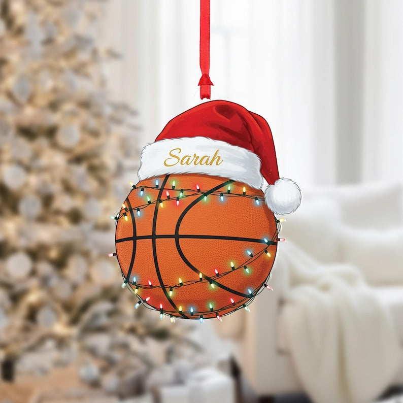 Personalized Basketball Ornament: Custom Name Santa Hat, Acrylic Christmas Keepsake
