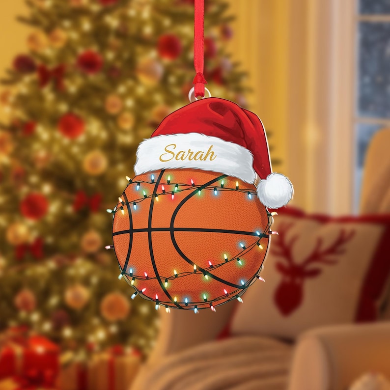 Personalized Basketball Ornament: Custom Name Santa Hat, Acrylic Christmas Keepsake
