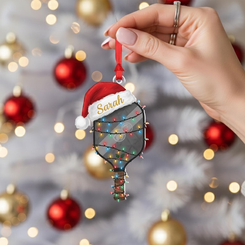 Personalized Pickleball Ornament: Santa Hat Acrylic Xmas Decor