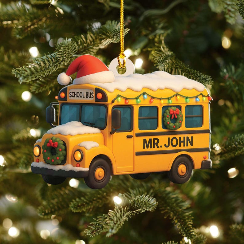 Personalized Flat 2D School Bus Ornament: Custom Teacher, Driver Appreciation Gift