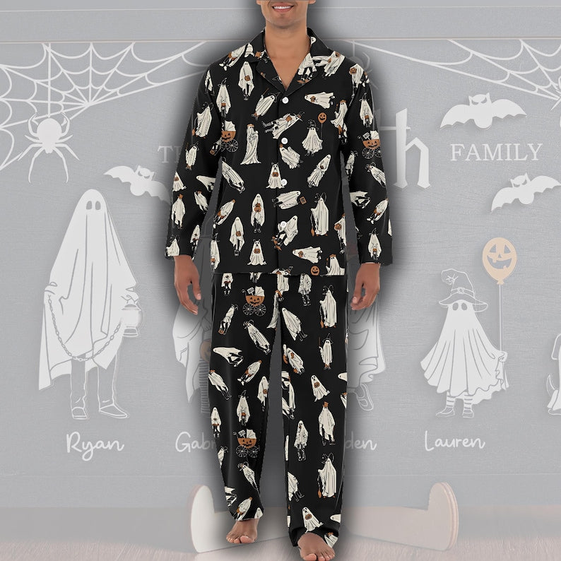 Retro Halloween Ghost Pajamas Set, Custom Ghost Print PJs, Matching Family Sleepwear, Spooky Fall Loungewear, Gift for Him & Her