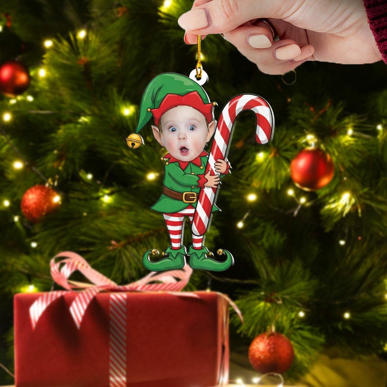 Personalized Baby Christmas Ornament with Candy Cane Custom Face Acrylic Ornament Funny Kids Xmas Tree Gift for Family & Friends
