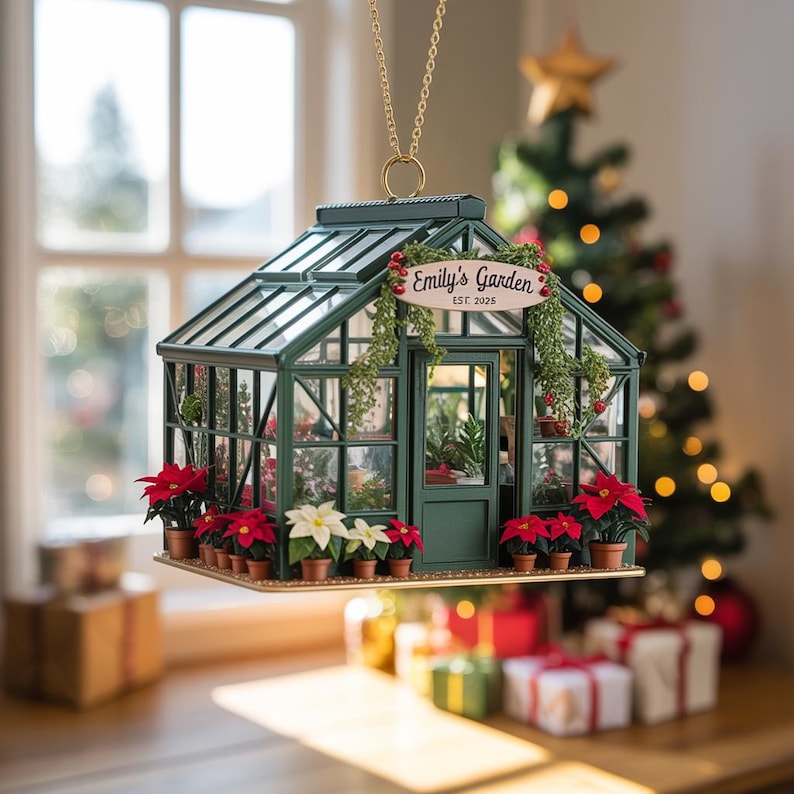 Personalized Garden House Christmas Ornament 2025 Custom Name Succulent & Plant Lover Holiday Decoration, Gardener Gift Tree Ornament