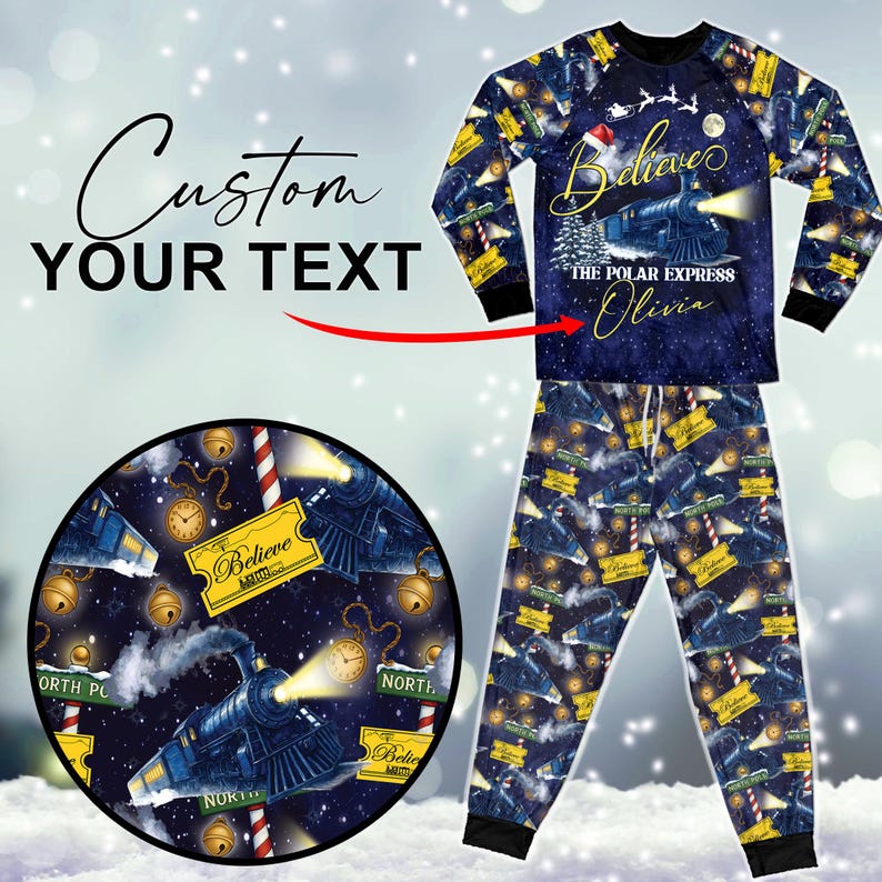 Custom Name Po-lar Express Family Christmas Pajamas, Custom Matching Holiday PJs, Believe Train Xmas Sleepwear, Xmas Pajamas Matching