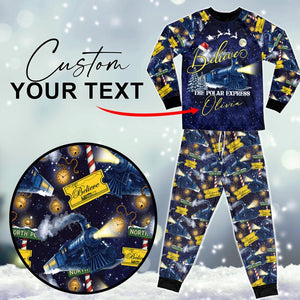 Custom Name Po-lar Express Family Christmas Pajamas, Custom Matching Holiday PJs, Believe Train Xmas Sleepwear, Xmas Pajamas Matching