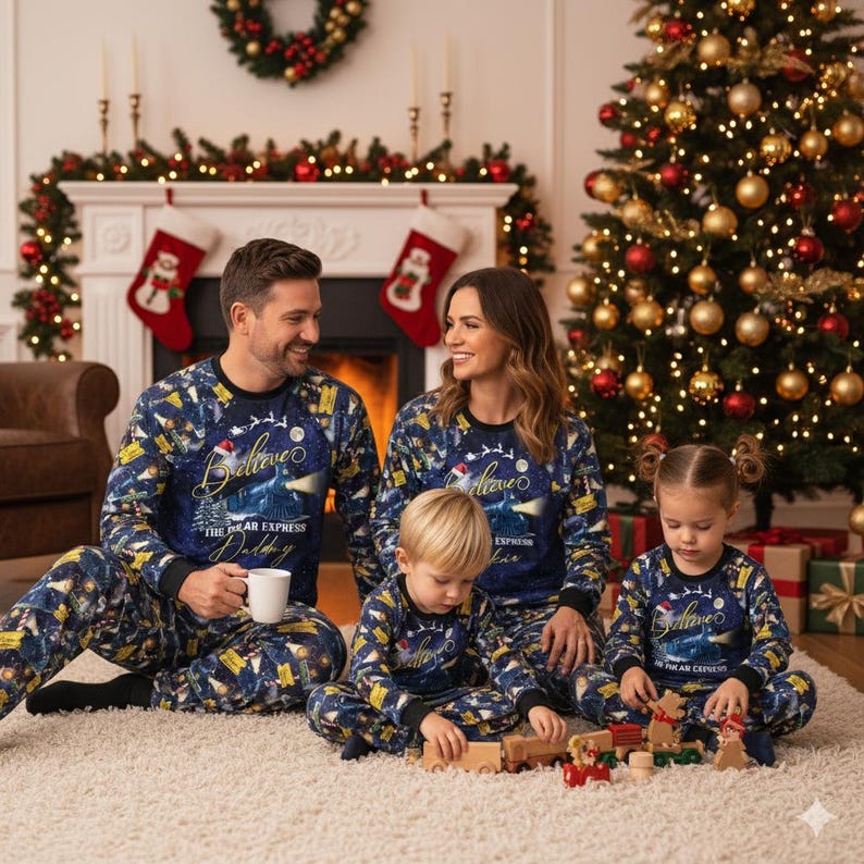 Custom Name Po-lar Express Family Christmas Pajamas, Custom Matching Holiday PJs, Believe Train Xmas Sleepwear, Xmas Pajamas Matching