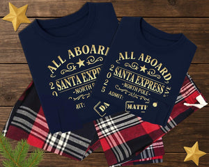 Matching Family Santa Express Christmas Set Personalised Navy Long Sleeve T-Shirt, & Red Plaid/Tartan Trouser Bottoms **Customisable**