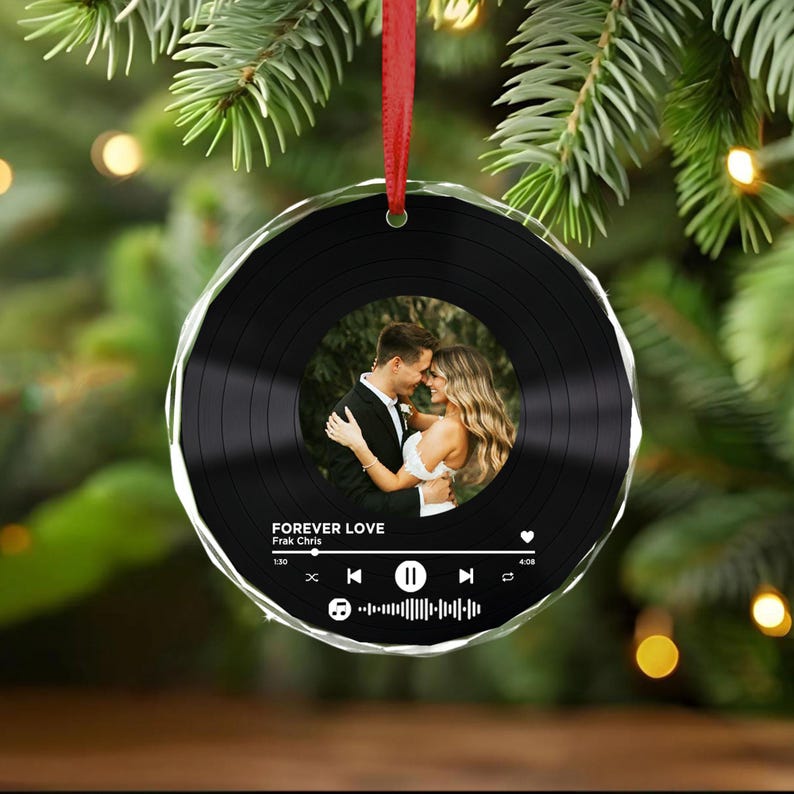 Custom Song Photo Ornament, Vinyl Record Photo Couple Ornament, Christmas Couples Gifts, Custom Couple Photo Ornament, Music Lovers Ornament