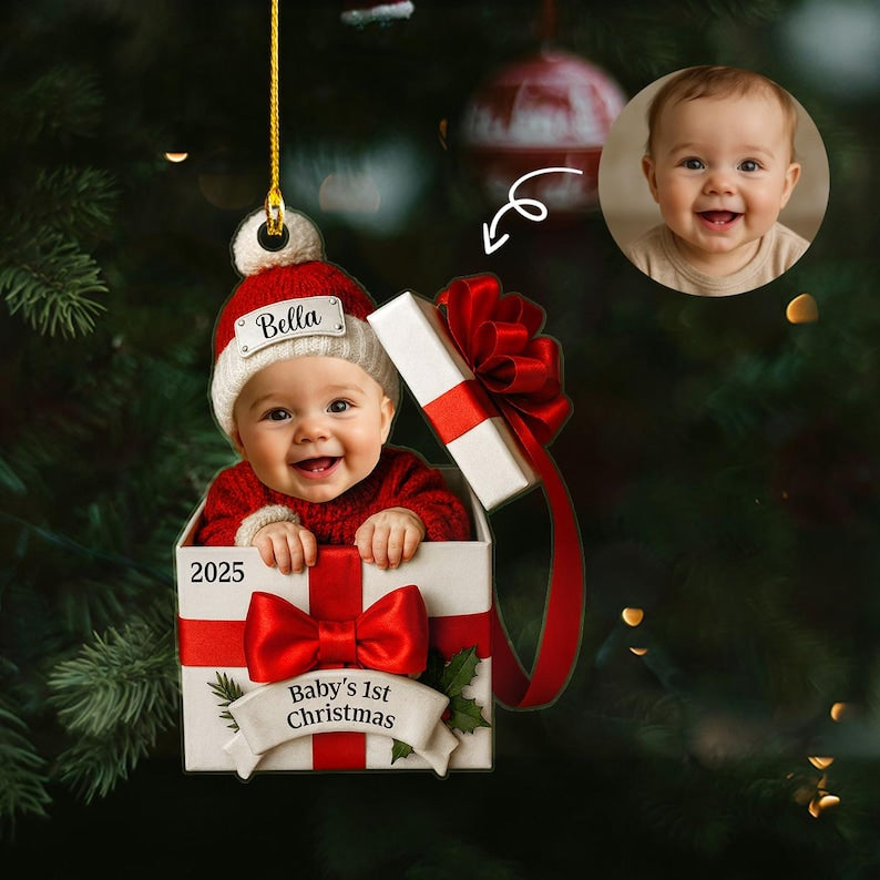 Baby Christmas Gift Box 2D Flat Acrylic Ornament, Personalized Baby Photo Christmas Ornament, Funny Newborn First Christmas Gift