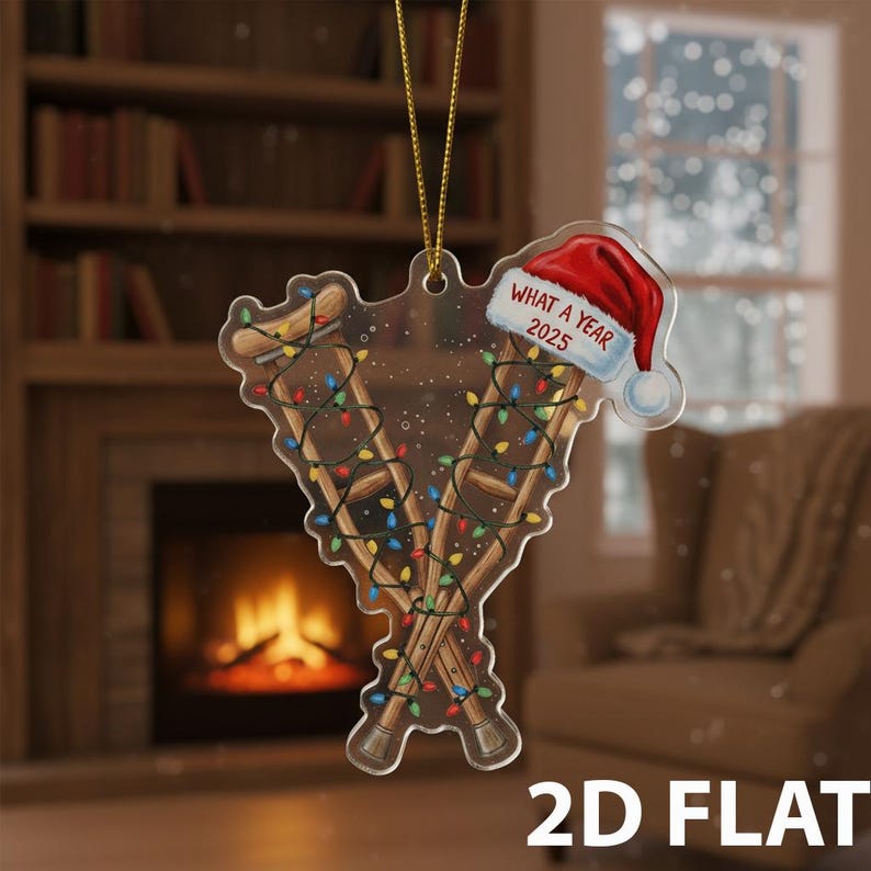 Funny Injury Christmas 2D FLAT Ornament, Crutches Holiday Tree Decoration, What a Year 2025 Gag Gift, Broken Leg Recovery Xmas Ornament