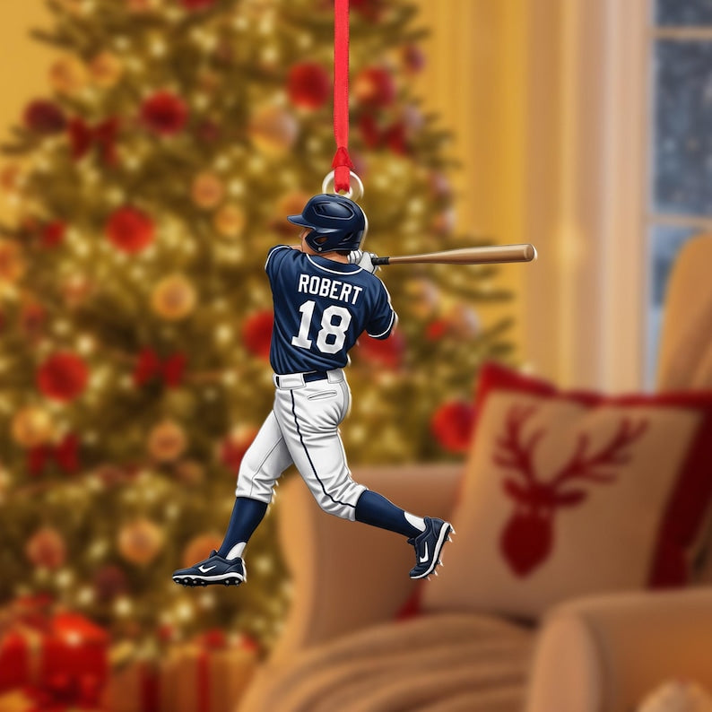 Personalized Baseball Player Christmas Ornament Custom Name and Number Sports Gift