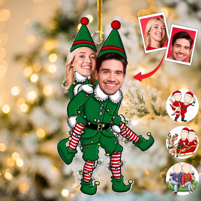 Personalized Couple Funny Elf Photo Ornament, Custom Funny Face For Husband Wife, Photo Gift For Christmas Anniversary Wedding Bachelorette