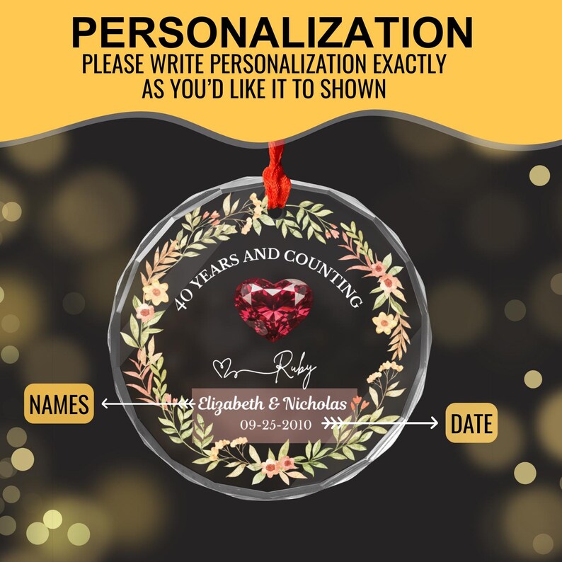 Personalized 40th Wedding Anniversary Glass Ornament, 40 Years Anniversary Gifts for Parents, Forty Wedding Gift, Ruby Anniversary Keepsake