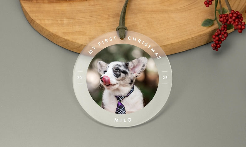Personalized First Christmas Ornament for Baby, Newlyweds, Pets, Home, Custom Photo Ornament