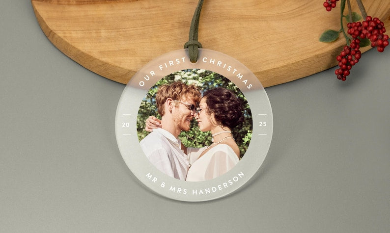 Personalized First Christmas Ornament for Baby, Newlyweds, Pets, Home, Custom Photo Ornament