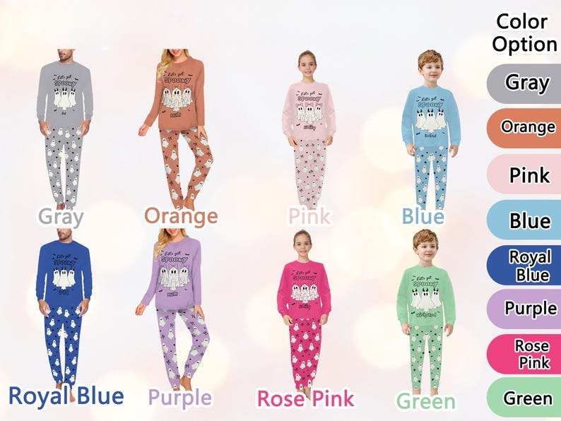 Ghost Pajama Set with Custom Name, Personalized Spooky Season Family Matching Loungewear, Long Sleeve Halloween Pjamas