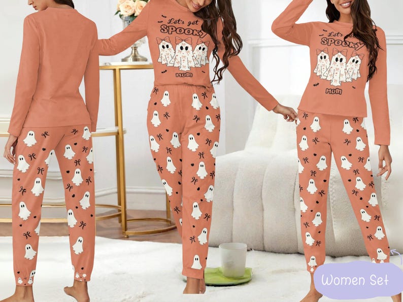 Ghost Pajama Set with Custom Name, Personalized Spooky Season Family Matching Loungewear, Long Sleeve Halloween Pjamas