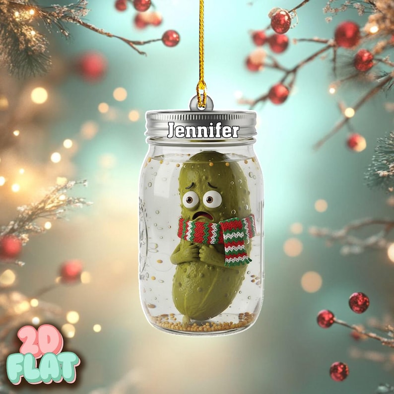 Personalized Christmas 2D FLAT Ornament, Food Tree Decor Gift for Friends, Family, Pickle Lovers, Funny Pickle Ornament in Jar with Scarf