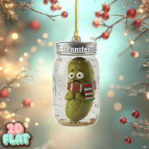 Personalized Christmas 2D FLAT Ornament, Food Tree Decor Gift for Friends, Family, Pickle Lovers, Funny Pickle Ornament in Jar with Scarf