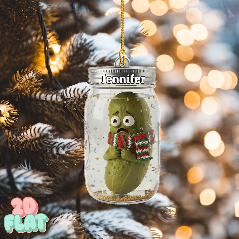 Personalized Christmas 2D FLAT Ornament, Food Tree Decor Gift for Friends, Family, Pickle Lovers, Funny Pickle Ornament in Jar with Scarf