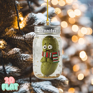 Personalized Christmas 2D FLAT Ornament, Food Tree Decor Gift for Friends, Family, Pickle Lovers, Funny Pickle Ornament in Jar with Scarf