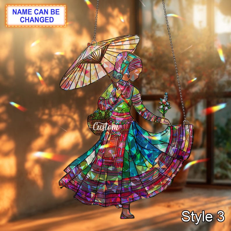 Personalized Holo H'mong Woman Acrylic Ornament, Custom Window Hanging Folk Art Decor, Unique Ethnic Cultural Gift for Home & Festival