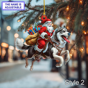 Santa Riding Siberian Husky Christmas Ornament Funny Dog Lover Tree Hanging Decoration, Holiday Pet Gift, Custom Siberian Husky Ornament