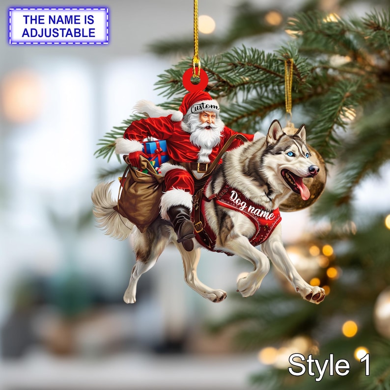 Santa Riding Siberian Husky Christmas Ornament Funny Dog Lover Tree Hanging Decoration, Holiday Pet Gift, Custom Siberian Husky Ornament