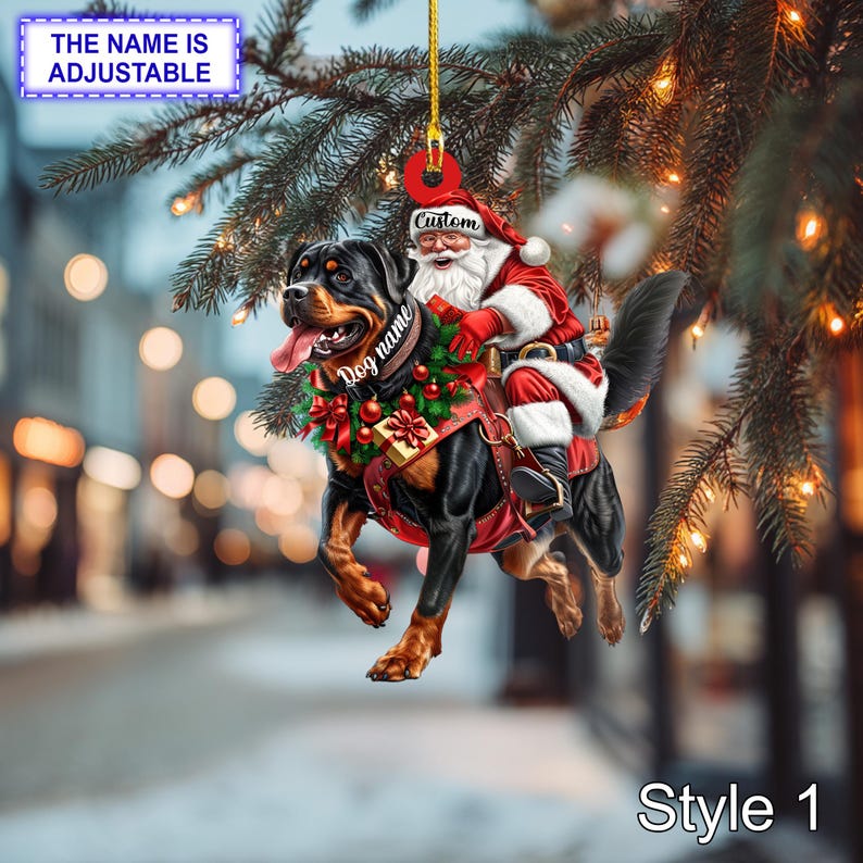 Santa Riding Rottweiler Christmas Ornament Funny Dog Lover Tree Hanging Decoration, Holiday Pet Gift, Custom Rottweiler Dog Ornament