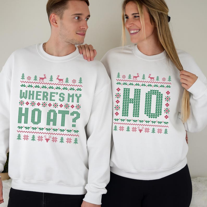 Funny Couples Ugly Christmas Shirts, Matching Holiday Sweatshirts, Where s My Ho At Xmas Outfit, Retro Ugly Christmas Party Tees