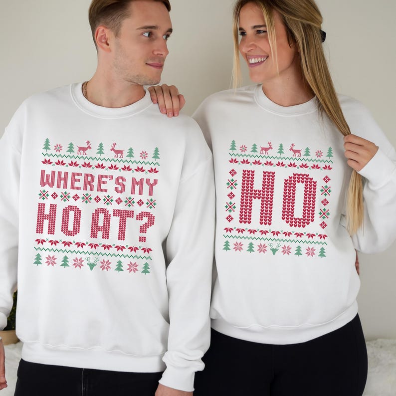 Funny Couples Ugly Christmas Shirts, Matching Holiday Sweatshirts, Where s My Ho At Xmas Outfit, Retro Ugly Christmas Party Tees