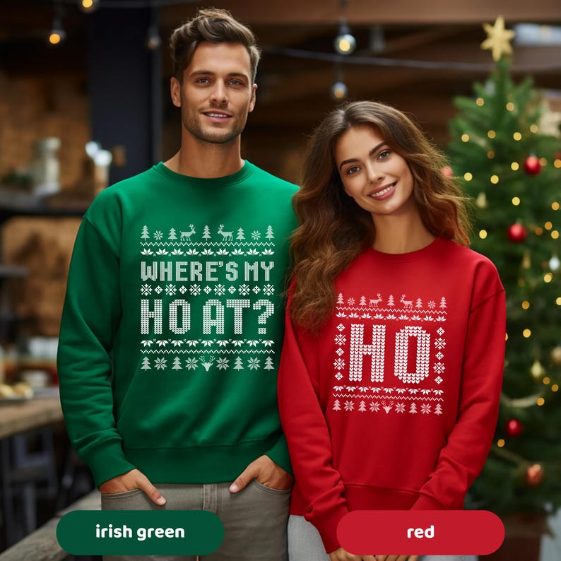 Funny Couples Ugly Christmas Shirts, Matching Holiday Sweatshirts, Where s My Ho At Xmas Outfit, Retro Ugly Christmas Party Tees