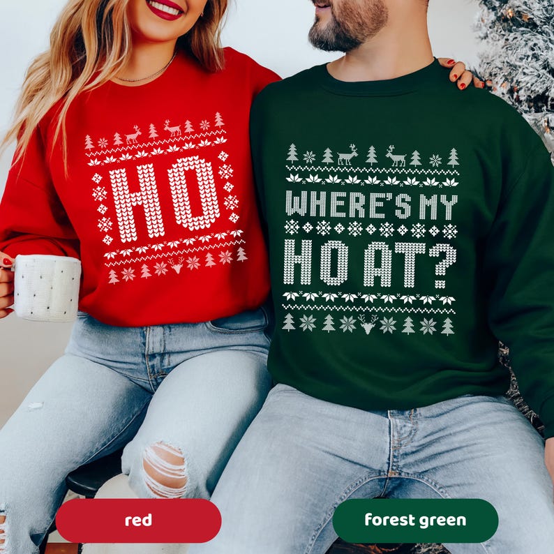 Funny Couples Ugly Christmas Shirts, Matching Holiday Sweatshirts, Where s My Ho At Xmas Outfit, Retro Ugly Christmas Party Tees