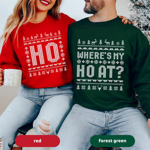 Funny Couples Ugly Christmas Shirts, Matching Holiday Sweatshirts, Where s My Ho At Xmas Outfit, Retro Ugly Christmas Party Tees