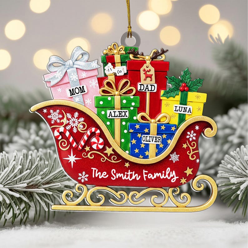 Personalized Family Name Ornament, Custom Family Sleigh Ornament, Custom Names Christmas Box Gift, Family Christmas Ornament, Family of Five