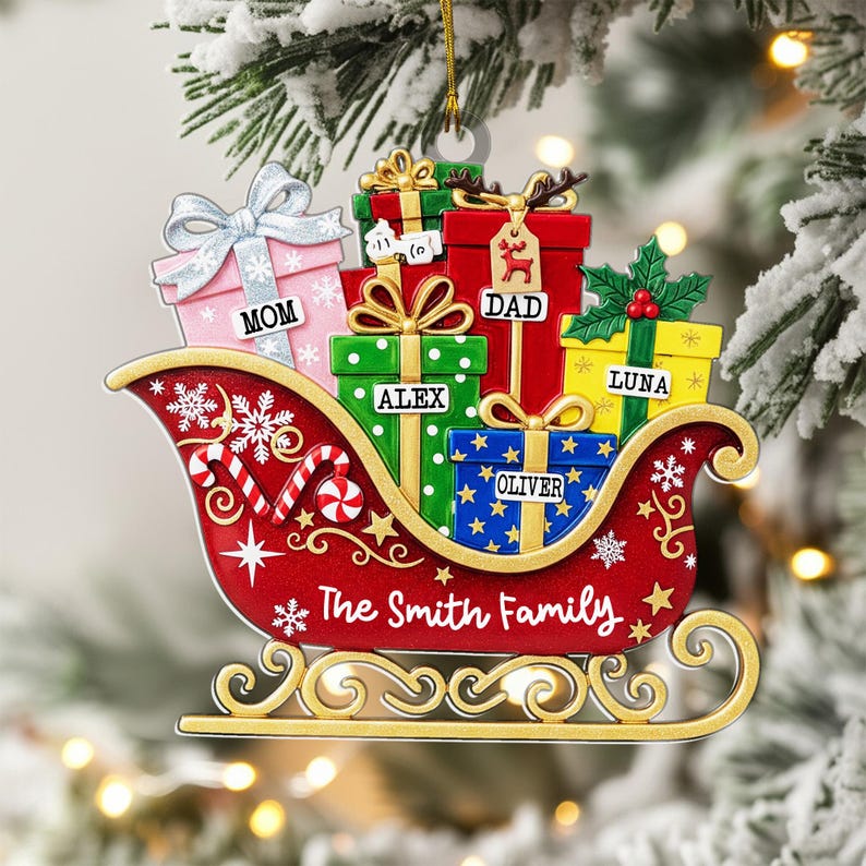 Personalized Family Name Ornament, Custom Family Sleigh Ornament, Custom Names Christmas Box Gift, Family Christmas Ornament, Family of Five