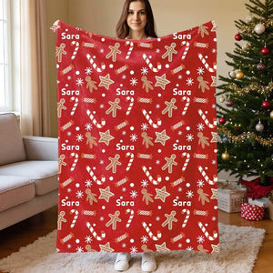 Custom Name Xmas Blanket - Personalised Gingerbread Biscuit Sweets Cane Soft Throw Blanket, Home Decor Christmas Gift for Kid Family Friend