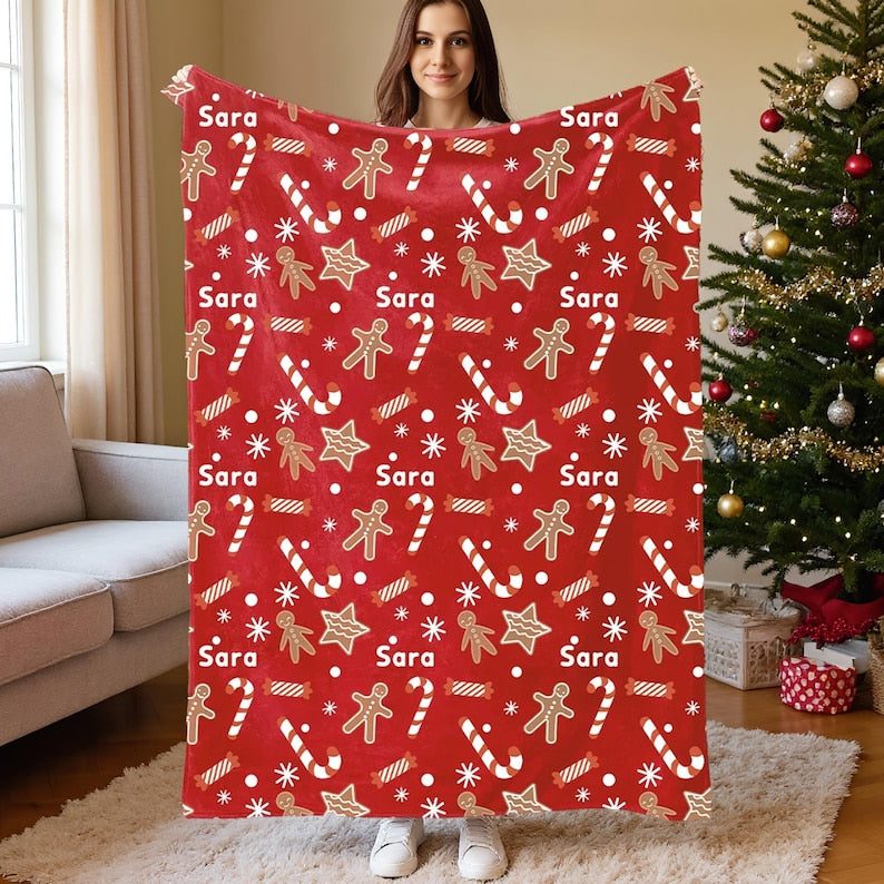 Custom Name Xmas Blanket - Personalised Gingerbread Biscuit Sweets Cane Soft Throw Blanket, Home Decor Christmas Gift for Kid Family Friend
