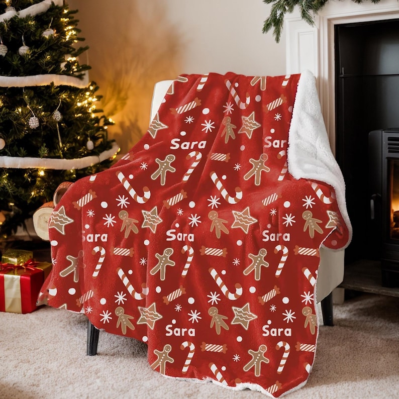 Custom Name Xmas Blanket - Personalised Gingerbread Biscuit Sweets Cane Soft Throw Blanket, Home Decor Christmas Gift for Kid Family Friend