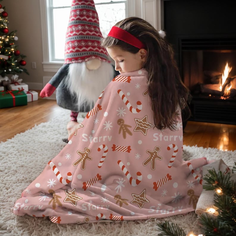 Custom Name Xmas Blanket - Personalised Gingerbread Biscuit Sweets Cane Soft Throw Blanket, Home Decor Christmas Gift for Kid Family Friend