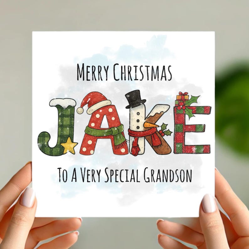 Personalised Christmas Card Any Name Festive Letter Design Custom Xmas Card for Grandson, Granddaughter, Son, Daughter, Niece, Nephew etc.